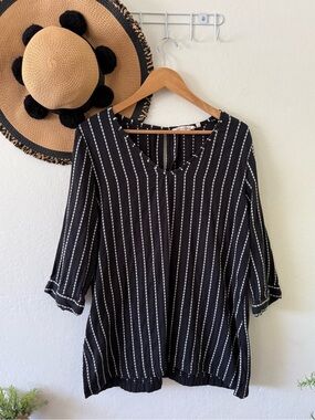Soft Surroundings Raya Black & White Stripe Cotton Tunic Top Lagenlook SZ Large